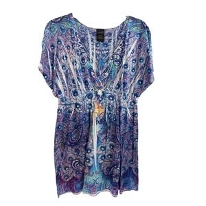 Catalina Swim Cover Up M Blue Purple Peacock Print Empire Waist Women